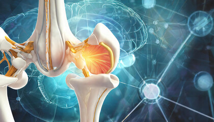 Human hip joint anatomy on scientific background. 3d illustration. - obrazy, fototapety, plakaty