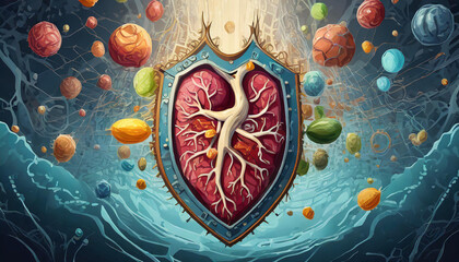 Immune System Defense shield-shaped organ surrounded by protective elements like vitamins and antioxidants - obrazy, fototapety, plakaty
