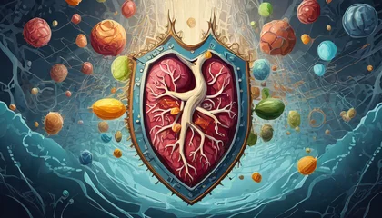 Poster Immune System Defense shield-shaped organ surrounded by protective elements like vitamins and antioxidants © Nolan