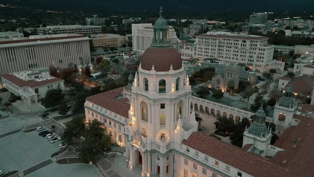 Drone shot of Pasadena City Hall at dusk.