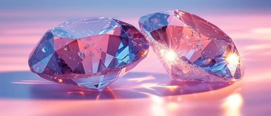 a pair of pink and blue diamonds sitting on top of a pink surface with a blue sky in the background.