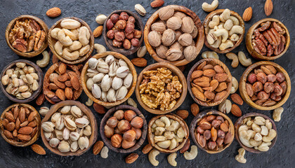 Mixed nuts in wooden bowls on black stone table. Almonds, pistachio, walnuts, cashew, hazelnut. Top...