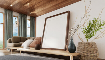 Mock up frame in home interior background, 3d rendering and low angle view perspective