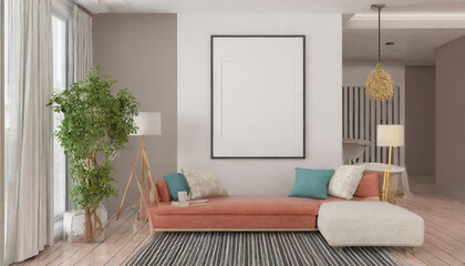 Mock up frame in home interior background, 3d rendering; modern living room design idea