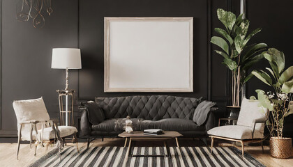 Mockup frame in black living room interior with retro decor, 3d render