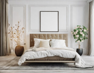 Fototapeta na wymiar Mockup poster frame in white luxury bedroom interior, 3d render