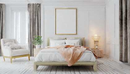 Mockup poster frame in white luxury bedroom interior, 3d render