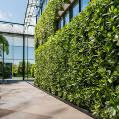 Modern eco-friendly office space featuring a lush living green wall, designed to promote employee wellness and environmental sustainability