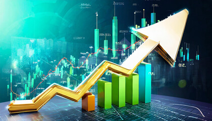 Moving business arrow shows Stock market growth. Stock trading graph and candlestick chart. 3d illustration.