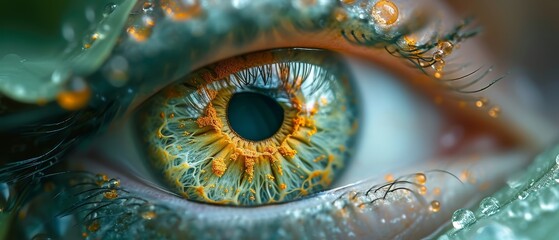 a close - up of a human eye with water droplets on the iris and the iris part of the eye. - obrazy, fototapety, plakaty