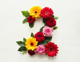 Number 2 made of real natural flowers and leaves. Flower font concept. Unique collection of letters and numbers. Spring, summer and valentines creative idea