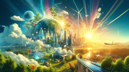 Abstract background visualizing the concept of the future world, where technological advancement and environmental sustainability coexist in harmony. AI generated. - obrazy, fototapety, plakaty