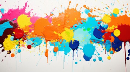 An abstract painting with vibrant splashes of color on a clean white canvas