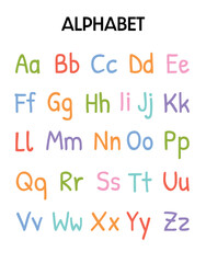 Cute Color alphabet poster. Hand drawing font for kids. Wall art alphabet poster with letter and typography for kids, playroom, nursery. For homeschooling, preschool. Learning resources.