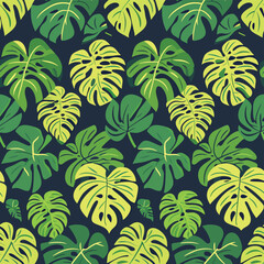 Vector Seamless Watercolor Pattern colorful Design a colorful vintage background with  hand-drawn a green plant with monstera leaves on a black background