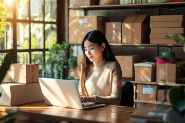 portrait beautiful young Asian woman sitting at wooden table, working with laptop for contact customer, packing box be side, parcel boxes are placed on shelf, owner home office, e-commerce concept