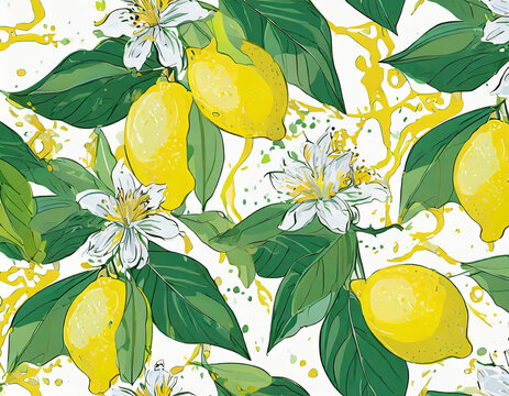 seamless pattern,  Set of lemon branch. Flower, green leaves. fruit and splashing juice. arrangements