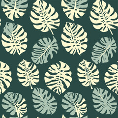 Vector Seamless Watercolor Pattern colorful Design a colorful vintage background with  hand-drawn a green plant with monstera leaves on a black background