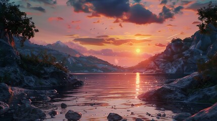 The peaceful stillness of twilight envelopes the rocky depths below, bathed in the warm hues of a setting sun over the lake - obrazy, fototapety, plakaty
