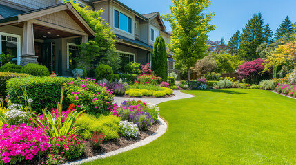 Beautifully landscaped front yard of a suburban home, manicured lawn and flower beds, showcasing a welcoming and tidy residence