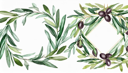 Watercolor set of frames and wreaths of olive branches. Design for invitations, cards, stickers, albums, fabric, home decoration. Holiday decor