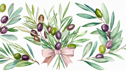 Watercolor set of bouquets and borders of olive branches. Design for invitations, cards, stickers, albums, fabric, home decoration - obrazy, fototapety, plakaty