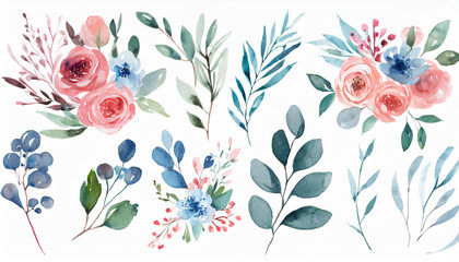 Watercolour floral illustration set. DIY blush pink blue flower, green leaves individual elements collection - for bouquets, wreaths, wedding invitations, anniversary, birthday, postcards
