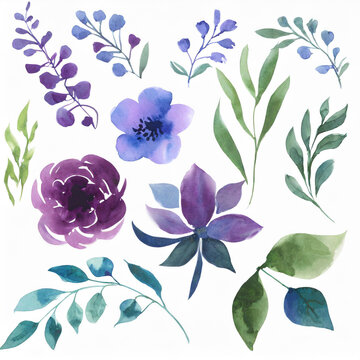 Watercolour floral illustration set. DIY violet purple blue flowers, green leaves elements collection - for bouquets, wreaths, wedding invitations, prints, fashion, birthday, postcards