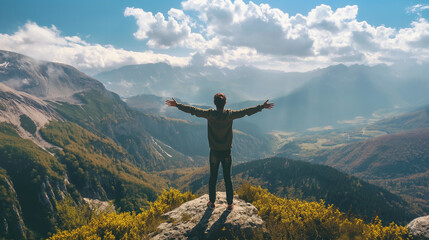 Obraz premium Man with Open Arms on Mountain Summit, Celebratory and Free Against Scenic Mountain Landscape