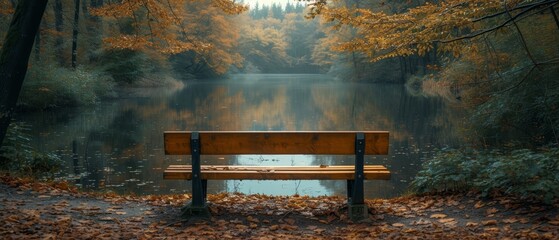 a wooden bench sitting in the middle of a forest next to a body of water with trees in the background.