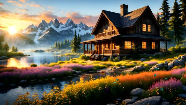 Luxury house with lake on mountains background