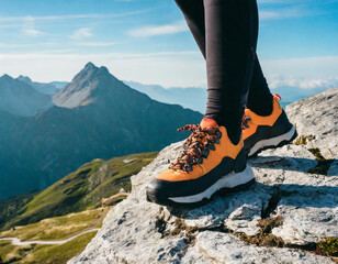 Woman hiker's feet in hiking boots standing on edge of a cliff, top of a mountain, concept of...