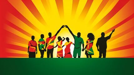 Group of Guinea people gathering hands vector silhouette, unity or support idea, hand gathering silhouette on Guinea flag, teamwork and togetherness concept, union of society
