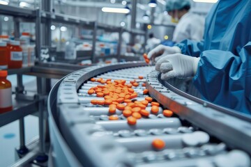 Fototapeta premium Describes the journey of a pill from production in a pharmaceutical laboratory to sale and dispensing at a pharmacy.