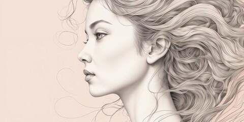 portrait sketch of a woman in profile on a pink background. hair blowing in the wind