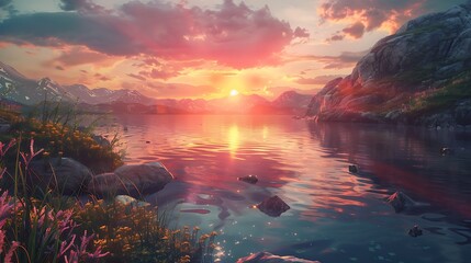 Tranquility reigns as the sun sets over the serene lake, casting a warm glow upon the rocky depths below - obrazy, fototapety, plakaty