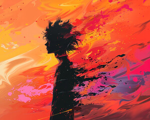 Anime character abstract silhouette, vibrant, copy space