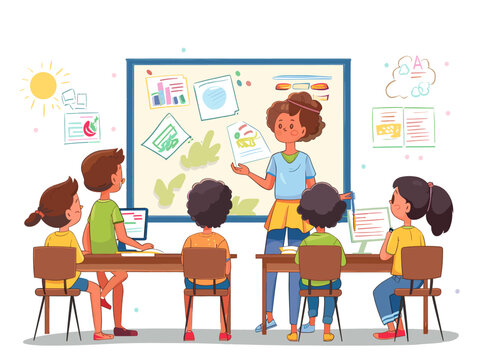 adorable teacher outline lesson objectives on whiteboard