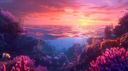 Twilight paints the horizon in hues of orange and purple, illuminating the underwater world of rocks in a stunning display of nature's artistry