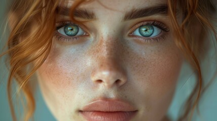 a close up of a woman's face with freckles of freckled hair and blue eyes.