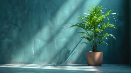 a potted plant sitting on a table in front of a wall with a shadow of a plant on it.