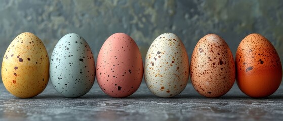 a row of speckled eggs sitting on top of each other in front of a stone wall with a green leafy background.