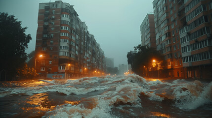 City Underwater. captures a city street submerged in a flood. Amidst residential buildings, water covers entire roadway and sidewalks, presenting a bleak picture of nature's unpredictable force. - obrazy, fototapety, plakaty