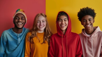 Casual-clad multiethnic youths share lively interactions on colorful studio sets - obrazy, fototapety, plakaty