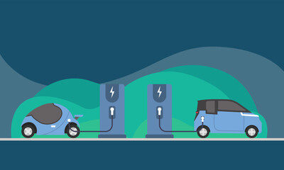 Flat vector illustration of a red electric car charging at the charger station. Electromobility e-motion concept.