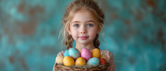 Fototapeta na wymiar a little girl holding a basket full of colorful easter eggs in front of her face and looking at the camera.