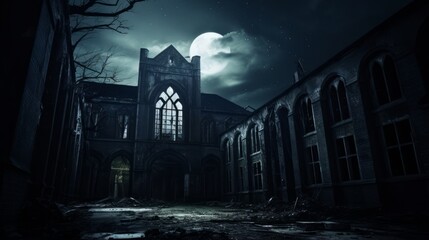 Sinister abandoned asylum with shattered windows and moonlight - obrazy, fototapety, plakaty