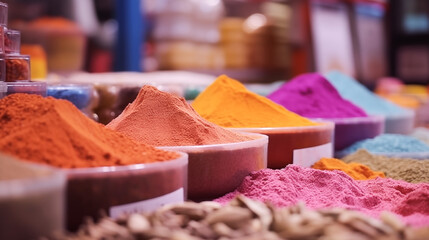 Colorful spices and dyes found at asian or african market. Exotic herbs and spices at a market stall. Canisters of natural dyes - obrazy, fototapety, plakaty