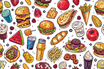 Vector Seamless Watercolor Pattern colorful Design a colorful vintage background with  hand-drawn fast food design

