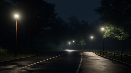 The streets are dark at night and there are no cars. There is a bright light.